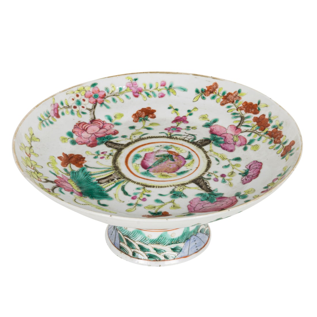 A Chinese famille rose altar stem plate: A Chinese famille rose altar stem plate. Featuring floral design, late Qing period, 8.5" across.