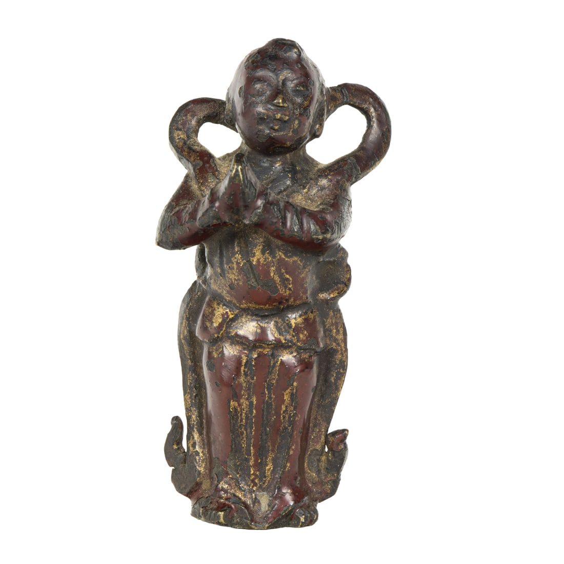 A Chinese lacquered bronze figure of a celestial attendant: A Chinese lacquered bronze figure of a celestial attendant. Ming dynasty, 3.125" high.