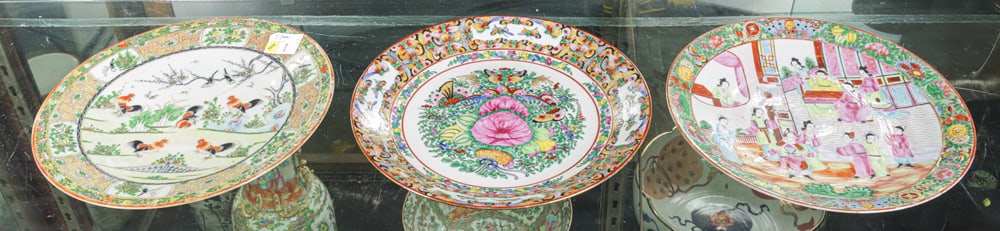 (lot of 3) Chinese canton rose 'rooster' dishes: (lot of 3) Chinese canton rose 'rooster' dishes. Republic period, 13.5" wide.