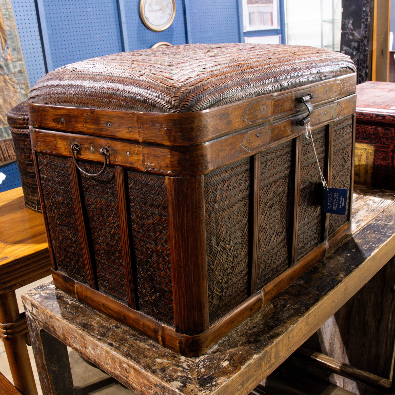 A Chinese woven bamboo trunk: A Chinese woven bamboo trunk. Ningbo region, circa 1900, 17.5"h x 24"w x 16"d.
