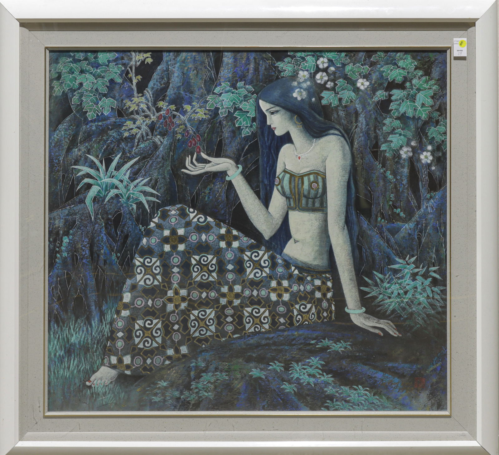 He Yongkun - Girl Enjoying Berries: He Yongkun - Girl Enjoying Berries. Acrylic on paper, signed and dated 1998 lower right, framed and glazed, 34.5"h x 38.5"w.