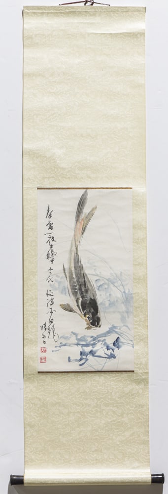 Japanese school - Fish: Japanese school - Fish. Hanging scroll, ink and color paper, inscribed, signed, sealed, 17.25"h x 9.125"w.