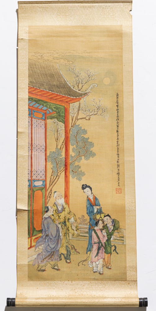 Chinese school - Figures: Chinese school - Figures. Hanging scroll, ink and color on canvas, inscribed, signed, sealed, 26.25"h x 9.75"w.