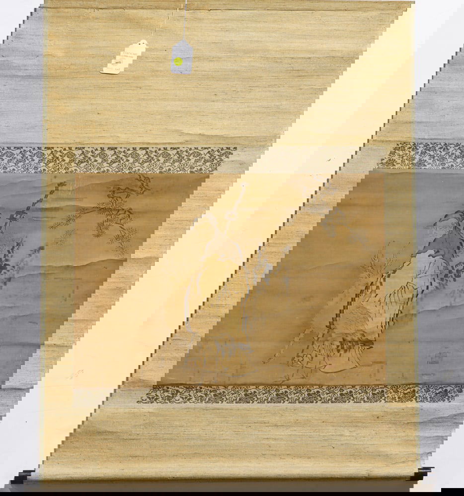 Japanese school painting. Hanging scroll: Japanese school painting. Hanging scroll, ink and color on silk, bearing three seals, 18.25"h x 26"w.