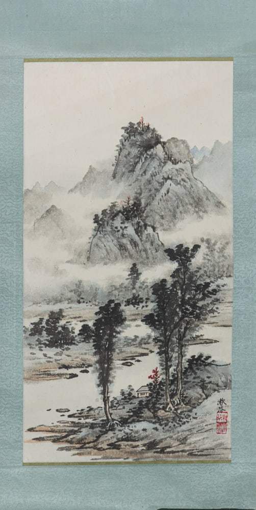Chinese school - landscape: Chinese school - landscape. Ink and color on paper, signed, sealed, 22.125"h x 11.75"w.