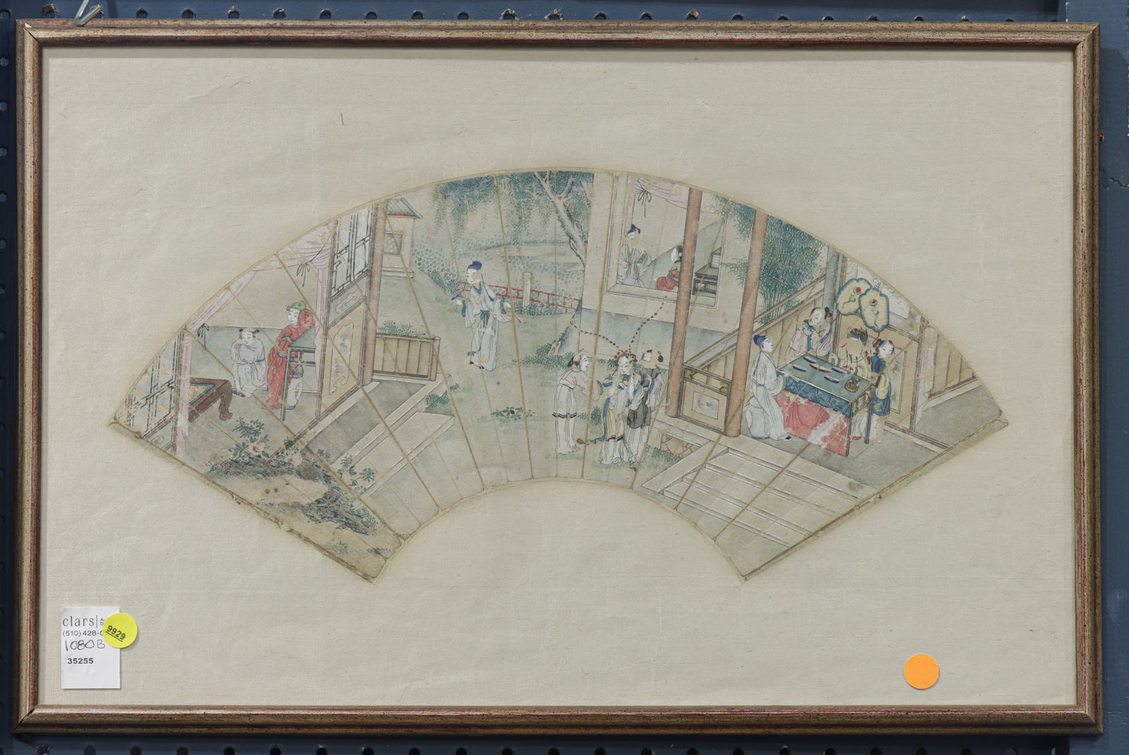 Chinese school (19th century) - Figures: Chinese school (19th century) - Figures. Fan painting, ink and color on paper, framed and glazed, 6.5"h x 19"w.