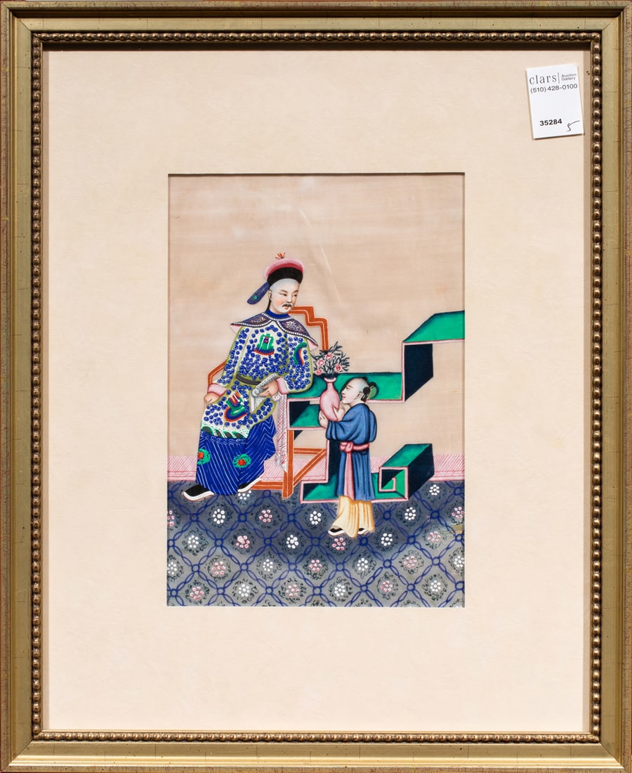 A Chinese export gouache painting: A Chinese export gouache painting. Framed and glazed, 10.75"h x 7.75"w.