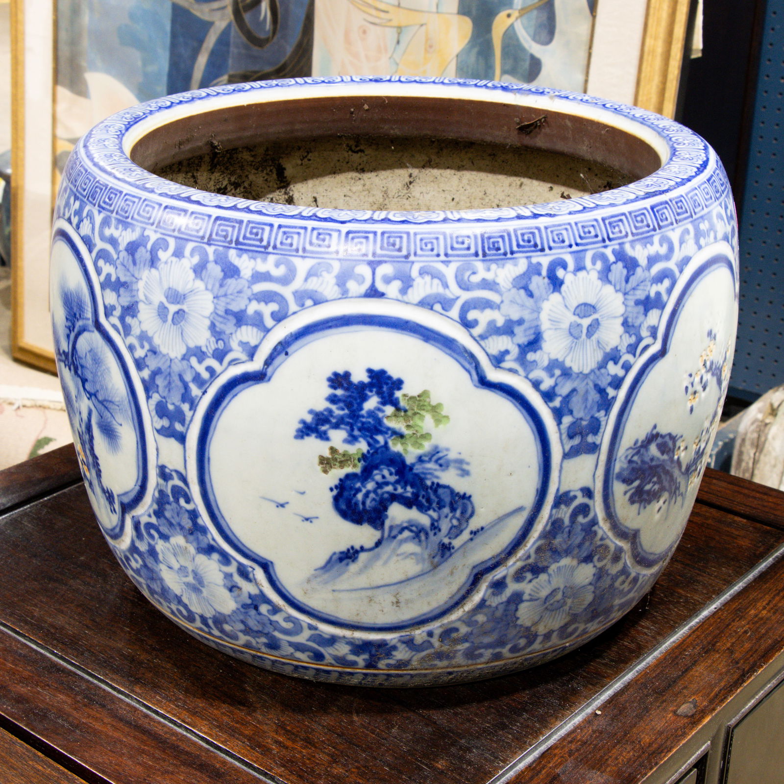 A Japanese blue and white hibachi: A Japanese blue and white hibachi. Early 20th century, 18" wide.