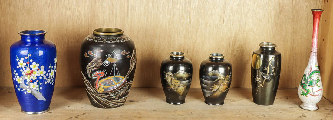 (lot of 6) Japanese cloisonne enamel and bronze vases (1 of 1)