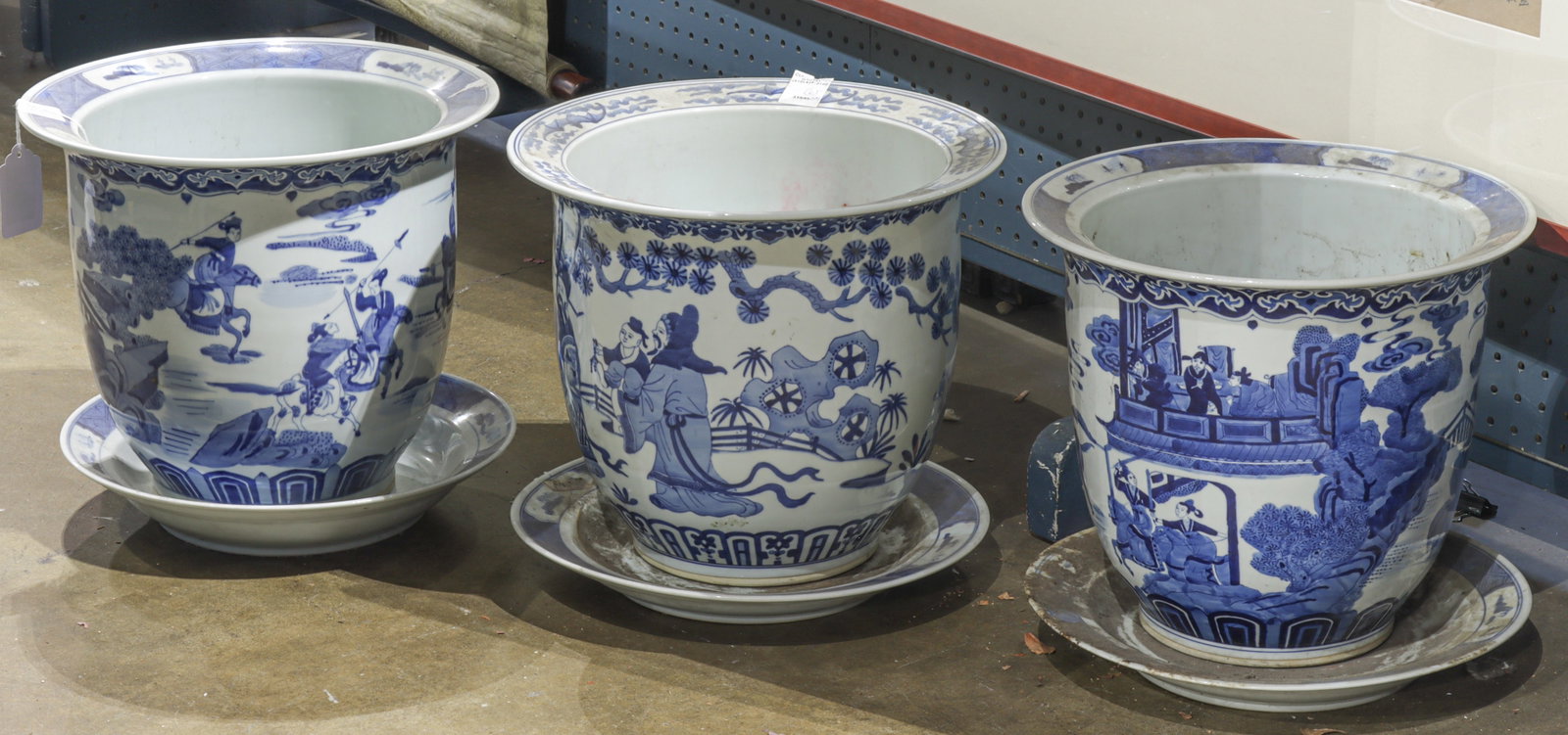 (lot of 3) Chinese blue and white planters and trays: (lot of 3) Chinese blue and white planters and trays. 14.5" wide.