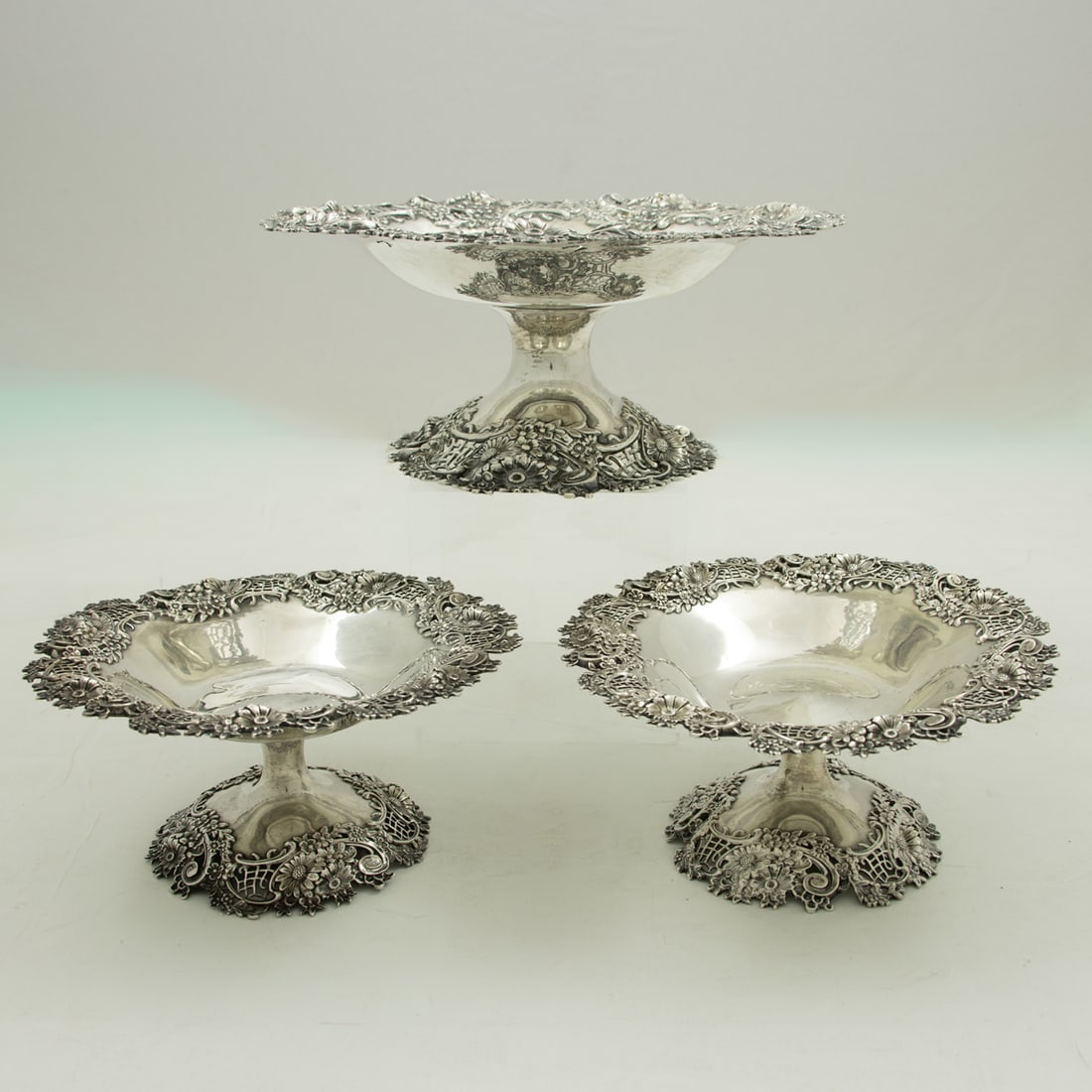 A set of three American sterling pedestal bowls, Redlich & Co., New York, each featuring reticulated (1 of 3)