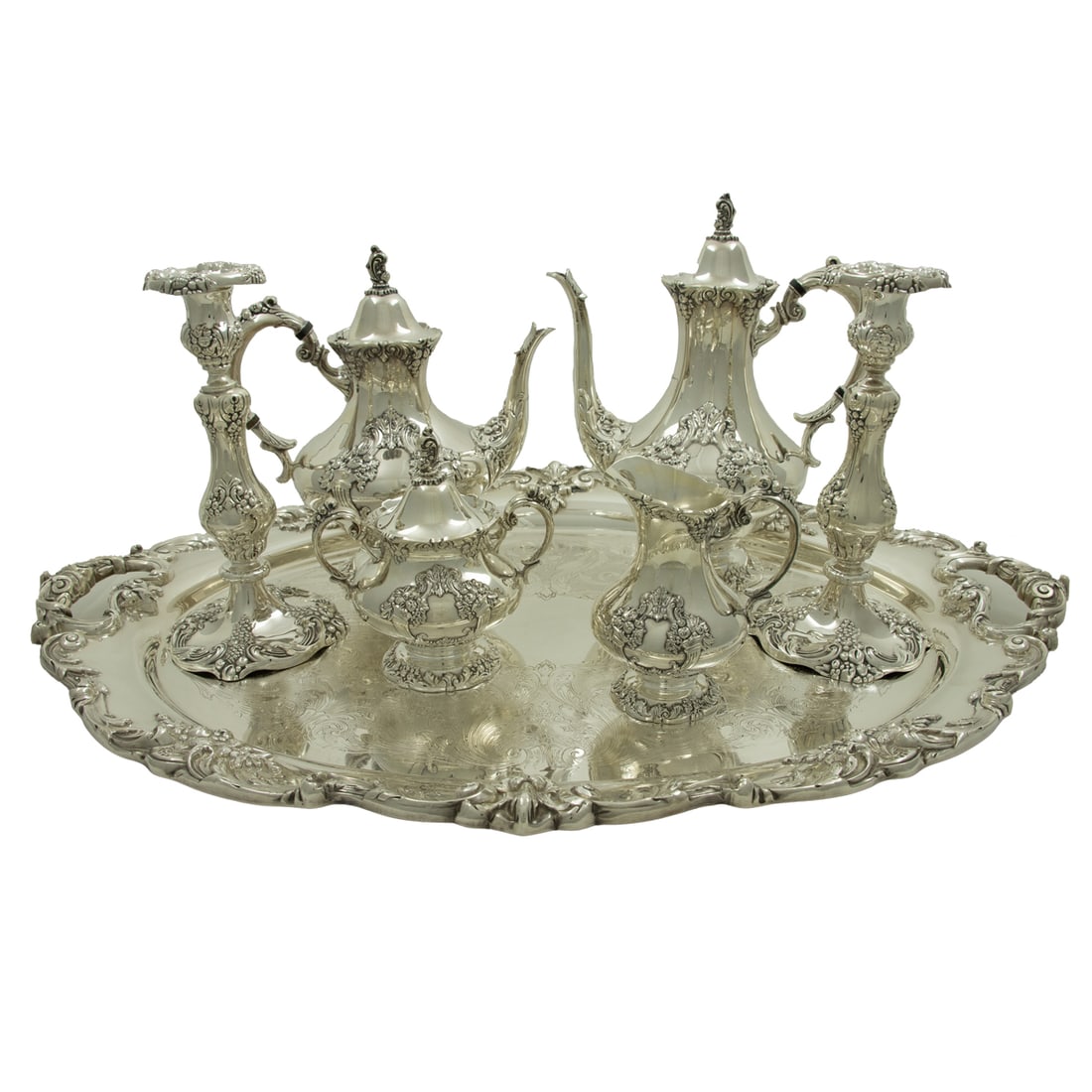 A Reed and Barton King Francis pattern silverplated coffee and tea service with candlesticks (1 of 6)