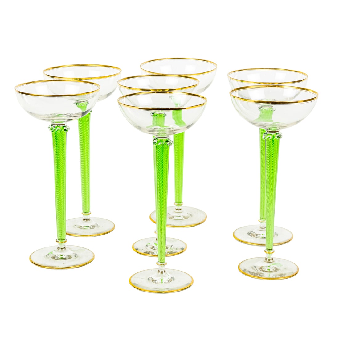 A set of seven tall French hand blown glass saucer champagne (1 of 4)