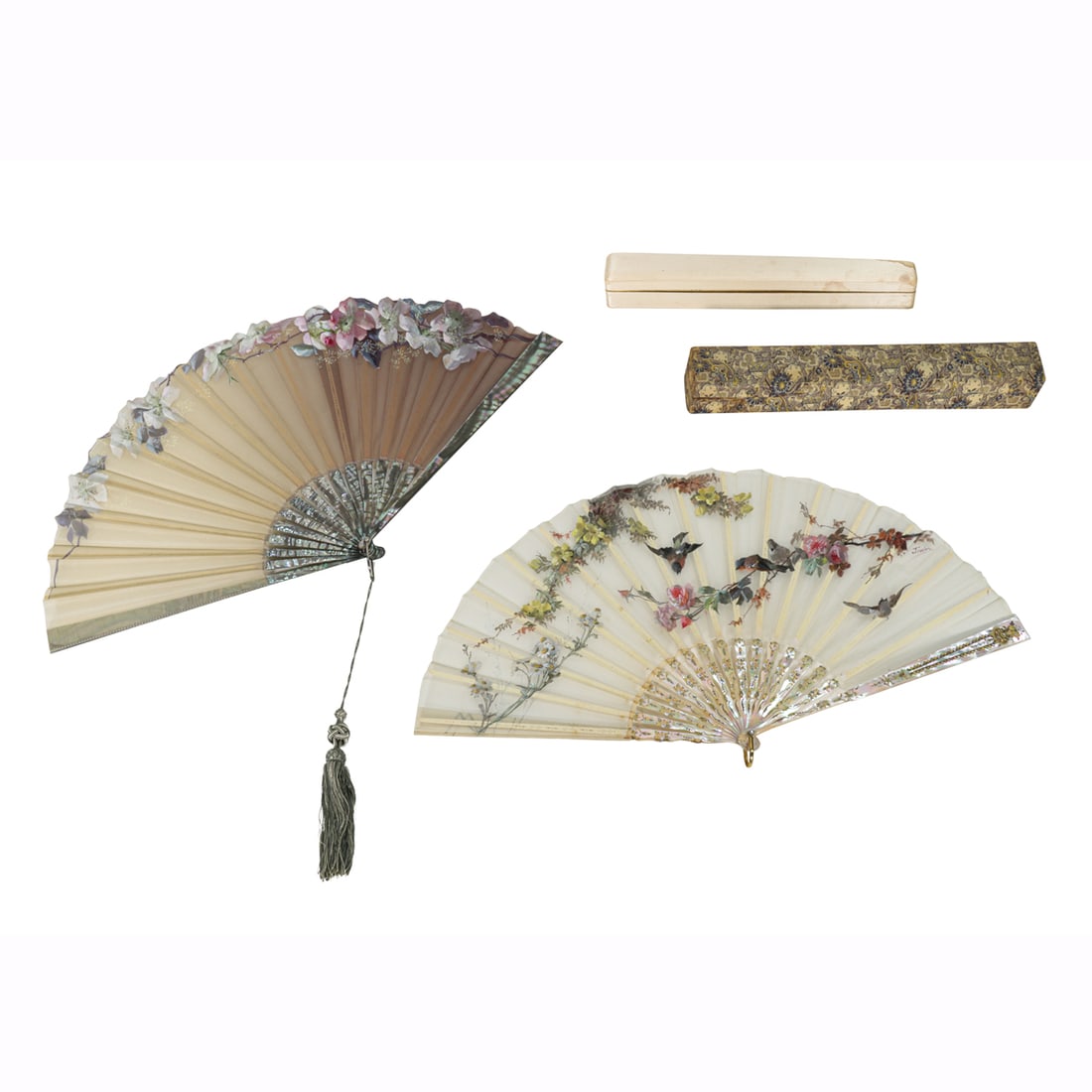 Two French floral painted silk gauze folding fans on shell sticks and guards (1 of 3)
