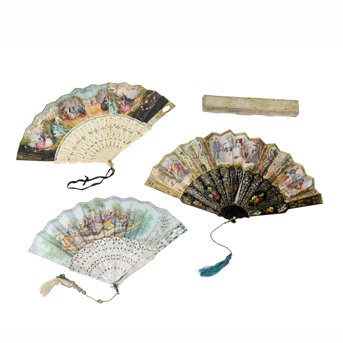 Three Continental hand-colored folding fans, 19th century (1 of 3)
