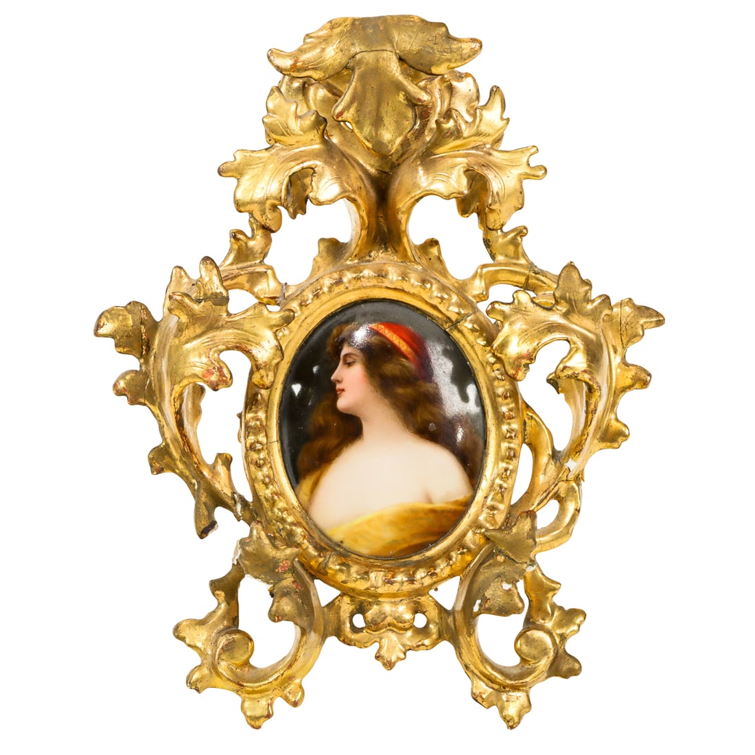 A German porcelain portrait plaque of a beauty in Florentine giltwood frame (1 of 3)