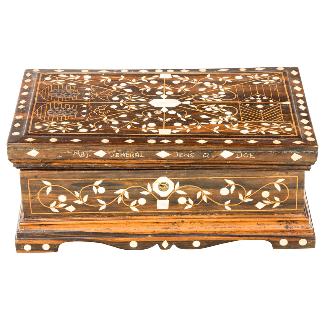 An Asian mother-of-pearl inlaid and carved hardwood presentation box for Major General Jens A. Doe: An Asian mother-of-pearl inlaid and carved hardwood presentation box for Major General Jens A. Doe, mid 20th century, the hinged cover deeply carved with a Federal eagle and shield flanked by