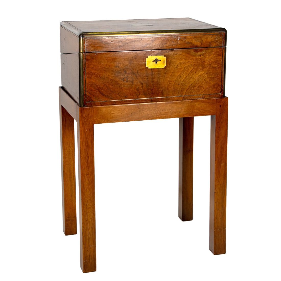 An English brass bound walnut writing box on later stand: An English brass bound walnut writing box on later stand, 19th century, the interior with tooled leather writing slope, overall 22.25"h x 14"h x 10"d