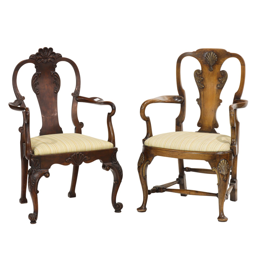An assembled pair of English marquetry inlaid and floral carved armchairs (1 of 4)