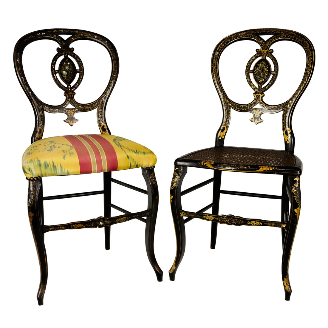 A pair of Victorian shell inlaid and gilt decorated papier-mache chairs: A pair of Victorian shell inlaid and gilt decorated papier-mache chairs, mid-19th century, each with open back, one with caned seat, the other with upholstered seat, 34"h x 15"w x 15"d (seat);