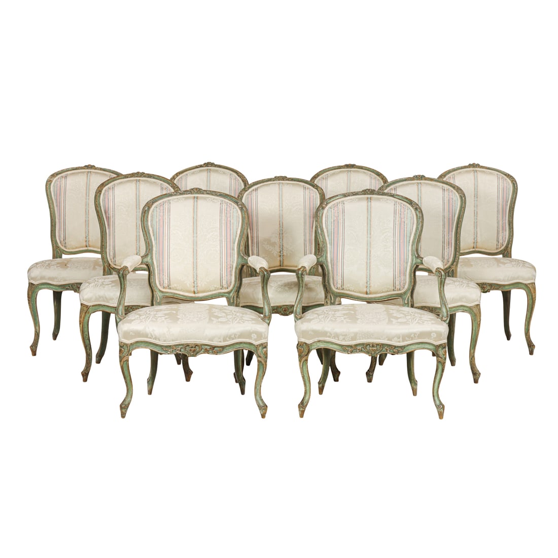 A suite of nine Louis XV style paint decorated and upholstered dining chairs (1 of 4)