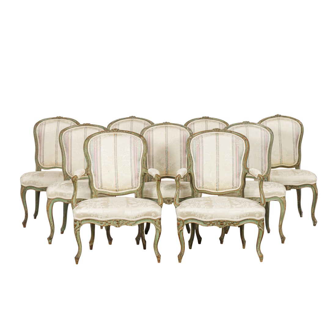 A suite of nine Louis XV style paint decorated and upholstered dining chairs (1 of 4)