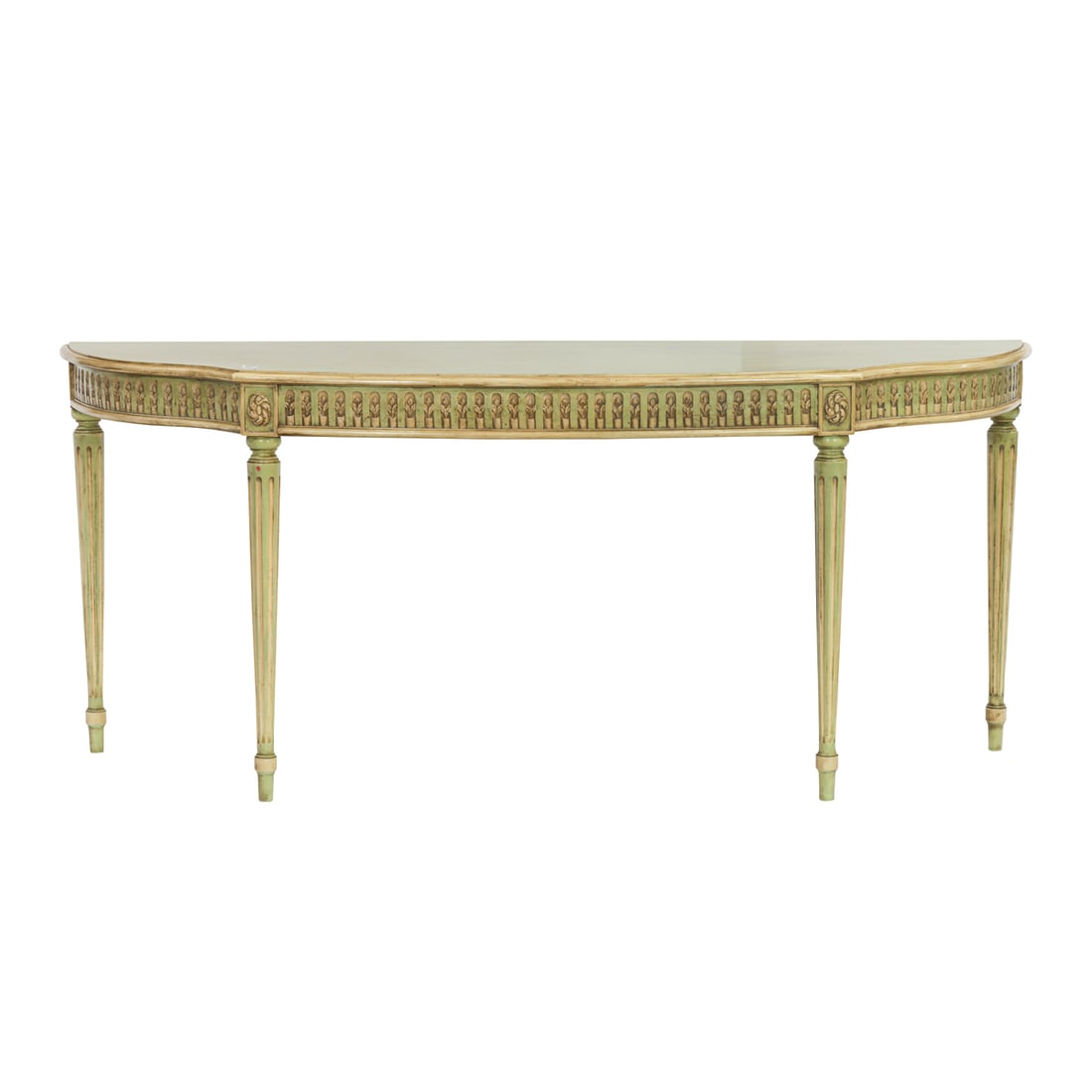 A large Neoclassical style polychrome decorated demilune console table: A large Neoclassical style polychrome decorated demilune console table, the shaped top over fluted bellflower apron raised on tapered fluted legs, 34"h x 79"w x 24"d