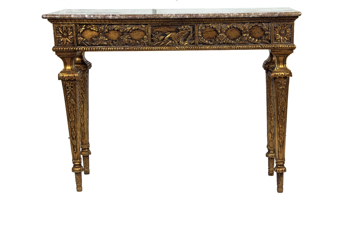 A Louis XVI style giltwood sofa table with variegated marble top (1 of 6)