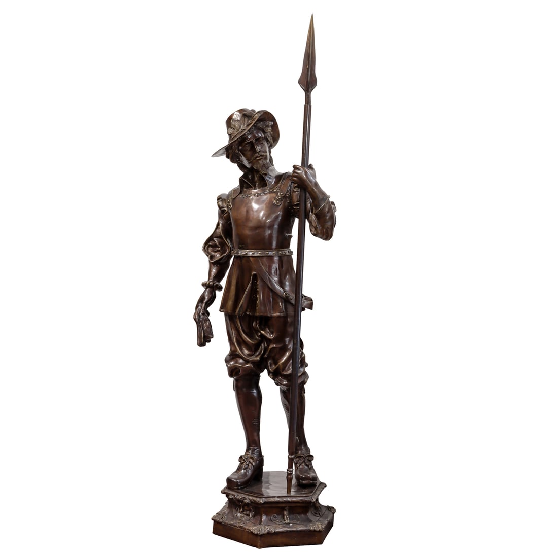 A Continental style patinated bronze life-size figure of a French soldier: A Continental style patinated bronze life-size figure of a French soldier, late 20th/early 21st century, depicted standing and holding a halberd, raised on a hexagonal plinth, signed 'Winslow',