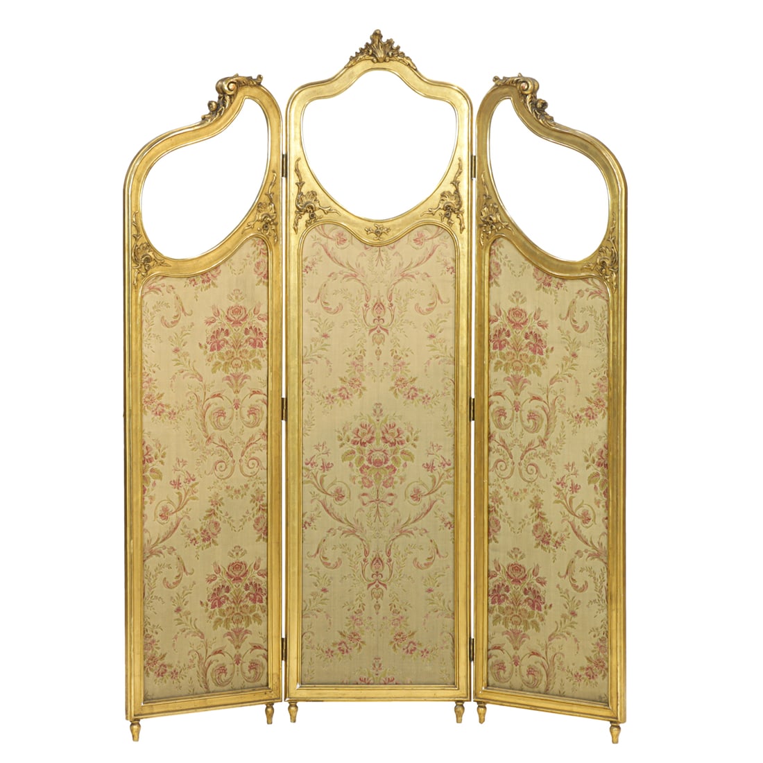A Rococo style giltwood, beveled glass and fabric upholstered three-fold dressing screen, late (1 of 3)