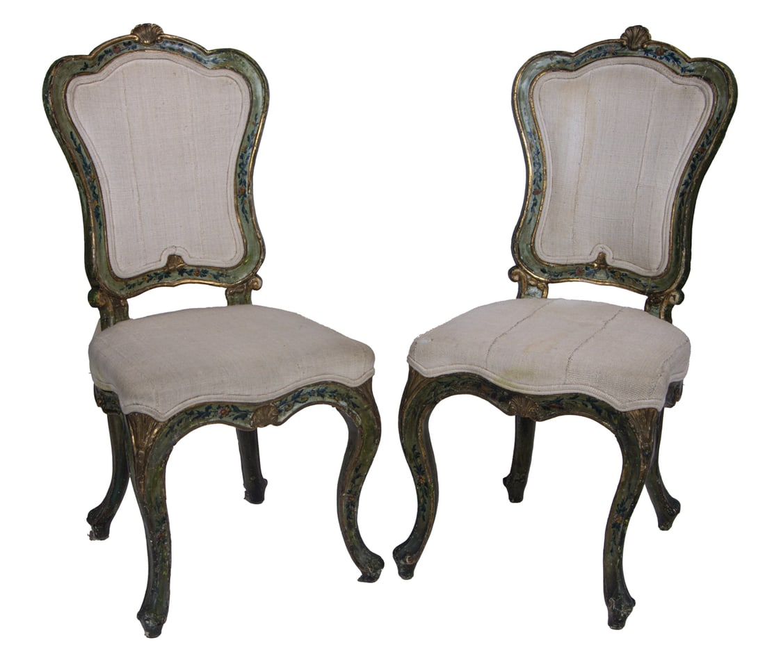 A pair of Italian Rococo style parcel gilt and polychrome decorated side chairs (1 of 5)
