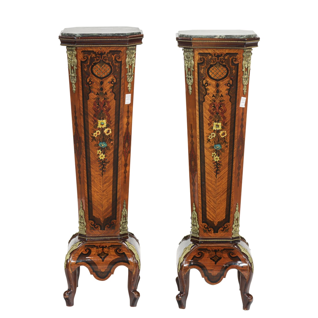 A tall pair of Neoclassical style gilt bronze mounted faux marquetry inlaid pedestals (1 of 5)