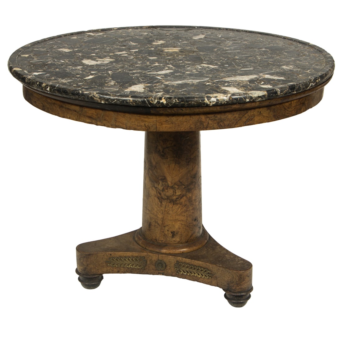 An Empire walnut bronze mounted center table with Portoro Breccia marble top: An Empire walnut bronze mounted center table with Portoro Breccia marble top, early 19th century, the round top with molded edge raised on pedestal with inswept tripart base, 30.5"h x 39"dia