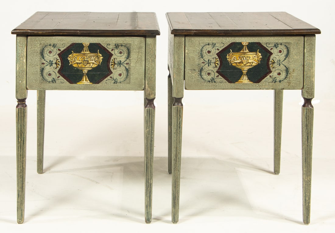 A pair of Italian Neoclassical style polychrome decorated bedside tables (1 of 7)