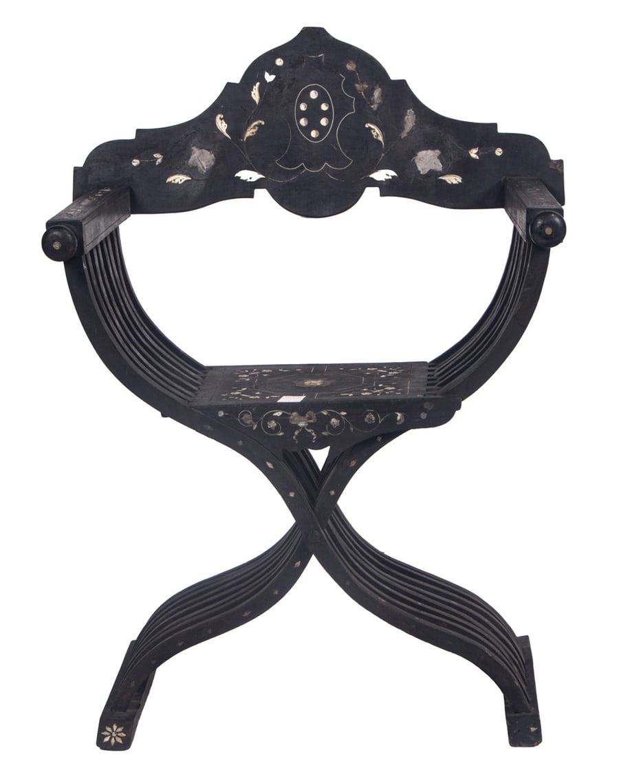 A Continental ebonized bone and mother-of-pearl inlaid Savonarola chair (1 of 5)