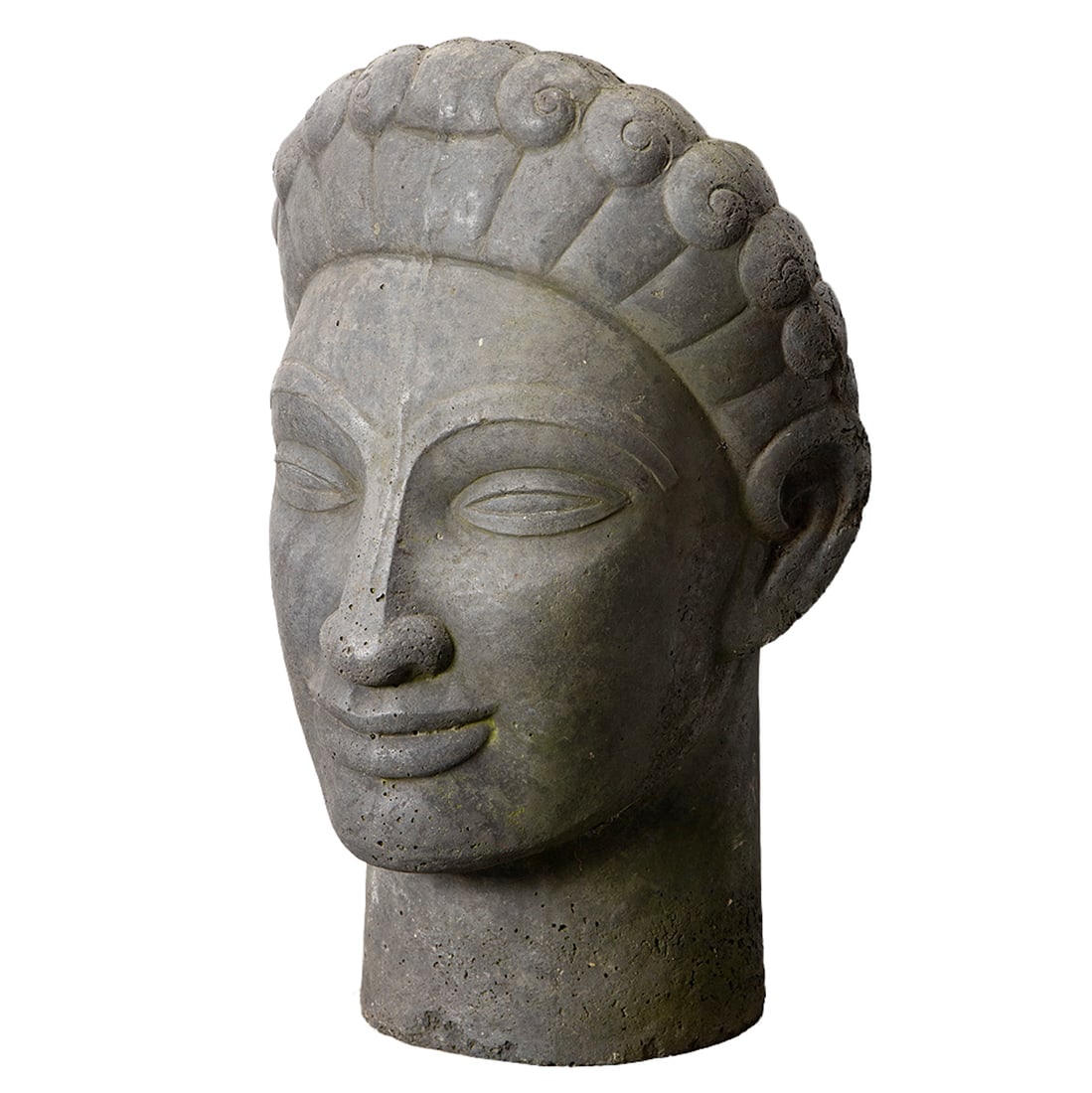 An Art Deco cast and hand carved granite sculpture circa 1940, with a massive neck, strong stylized: An Art Deco cast and hand carved granite sculpture circa 1940, with a massive neck, strong stylized features, and Modernistic hair arrangement 19"h x 12"w Note: Minutoli's most notable commission was