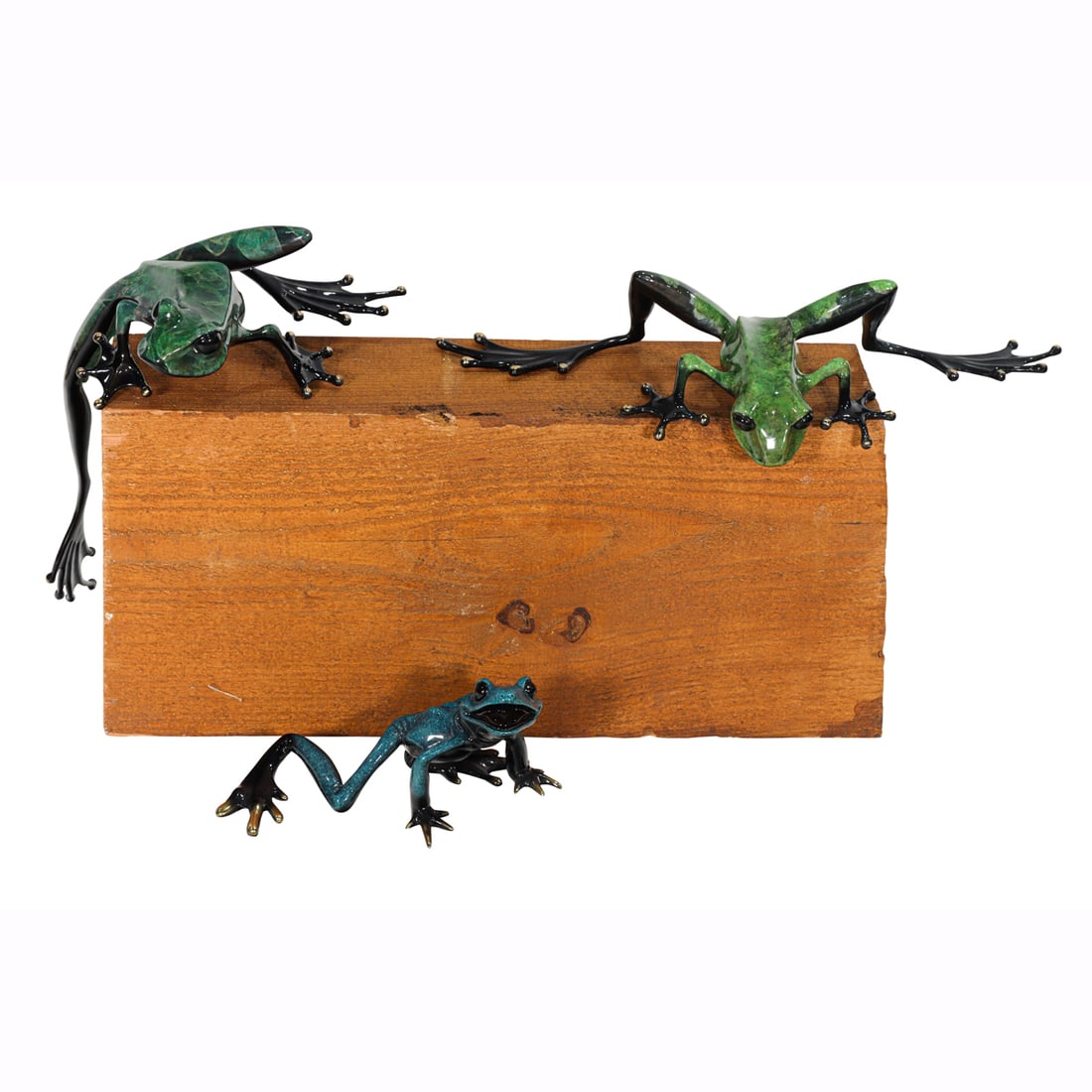 Two Tim 'Frogman' Cotterill enameled bronze frogs and Kitty Critters frog: Two Tim 'Frogman' Cotterill (British, b. 1950) enameled bronze frogs, each with engraved signature and edition number, the first 'Social Climber', 1996, 599/1000, 13"h; the second 'Peaking Over', 779/