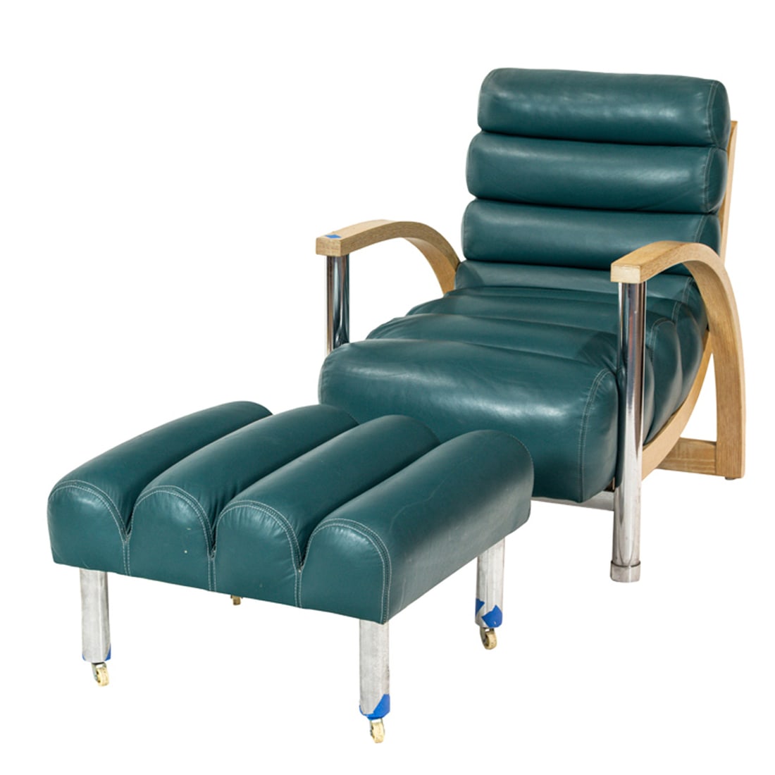 A Jay Spectre 'Eclipse' turquoise leather upholstered lounge chair and ottoman: A Jay Spectre 'Eclipse' turquoise leather upholstered lounge chair and ottoman, 1980s, the blonde cerused oak frame with tubular chrome accents, unmarked, chair: 33.5"h x 26"w x 34"d; ottoman 15"h x 2