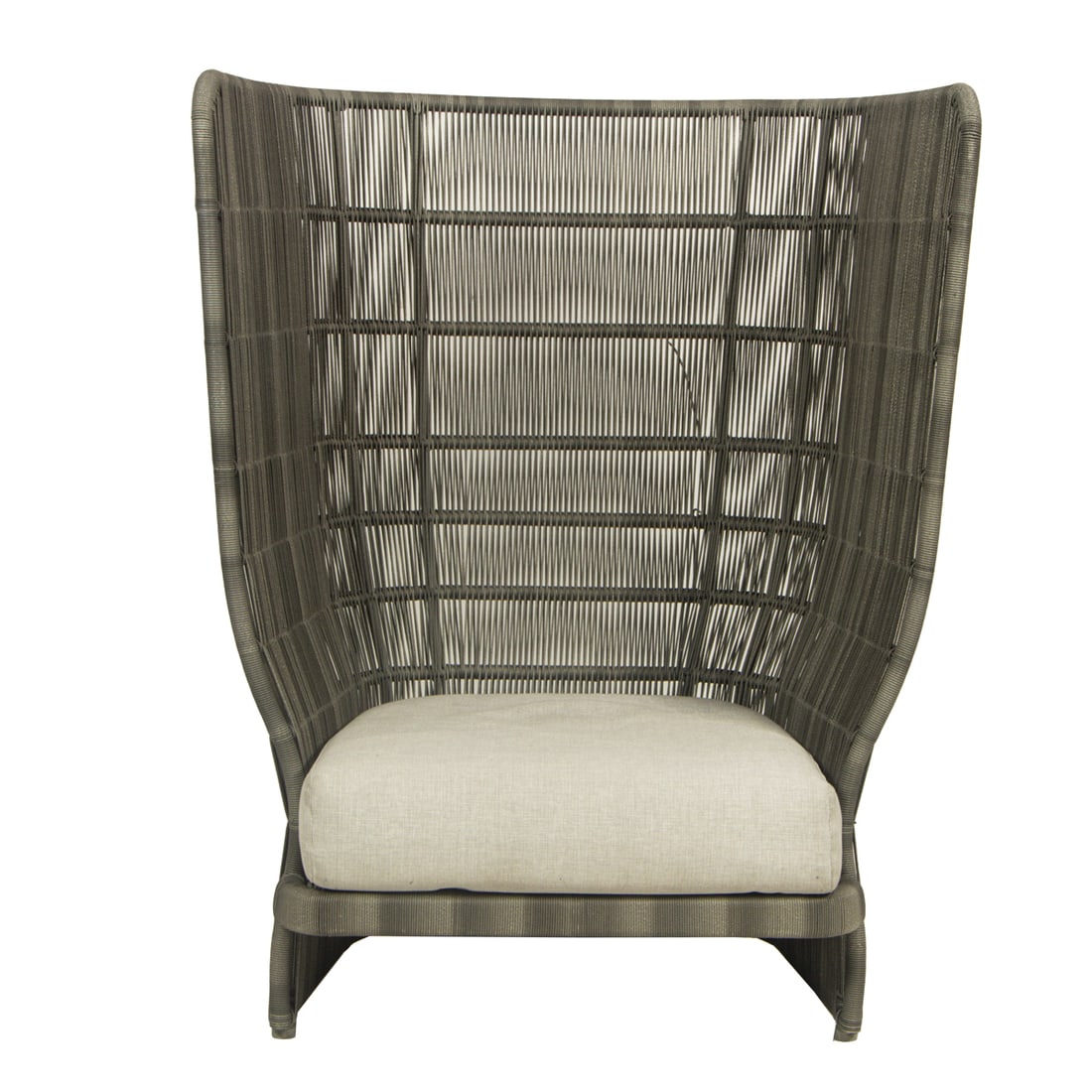 A B&B Italia Canasta wing back outdoor chair designed by Patricia Urquiola in 2007: A B&B Italia Canasta wing back outdoor chair designed by Patricia Urquiola in 2007, the aluminum frame woven with polyethylene fiber cord and fitted with loose seat cushion, 48"h x 37.5"w; 15"h x