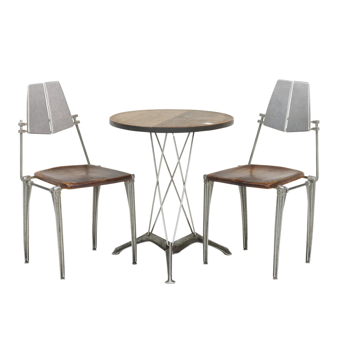 A Robert Josten aluminum and wood bistro set: A Robert Josten aluminum and wood bistro set, 1970s/80's, comprising two chairs and a round table, chair 34.5"h x 18.5"w; 18"h (seat); table 29"h x 24"dia