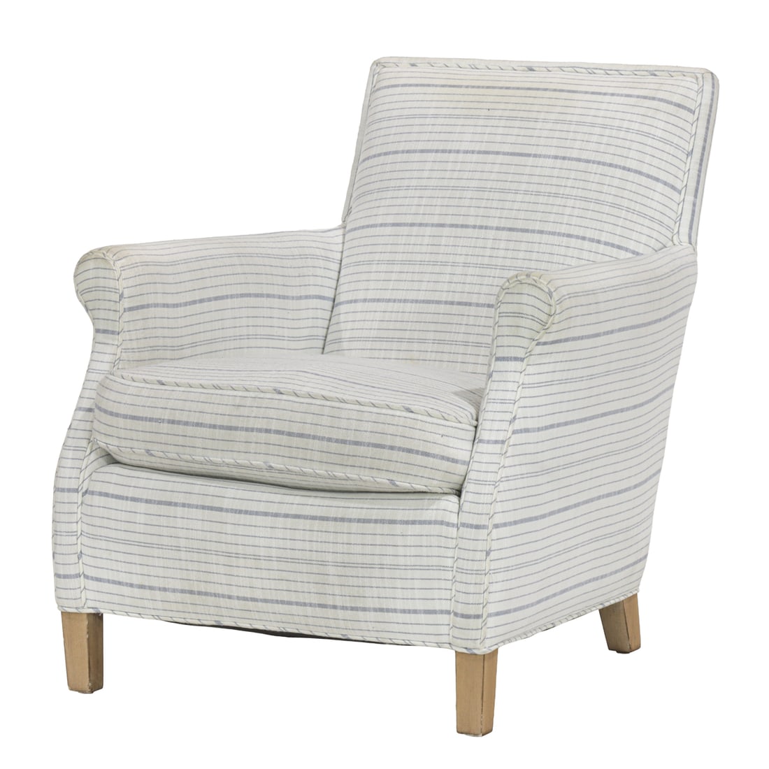 A Serena & Lily Canyon lounge chair: A Serena & Lily Canyon lounge chair, upholstered in Mariner Stripe French Blue polyester, the legs in driftwood finish, 32"h x 29"w x 34"d