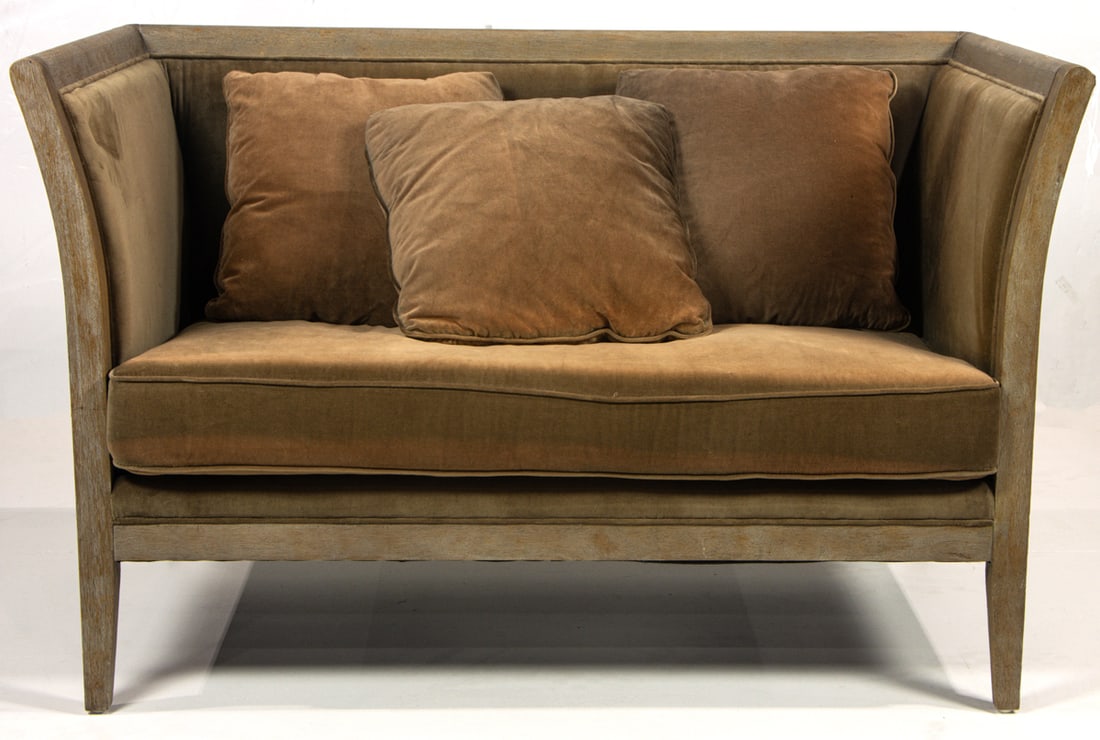 A Four-Hands velvet and cerused wood loveseat (1 of 3)