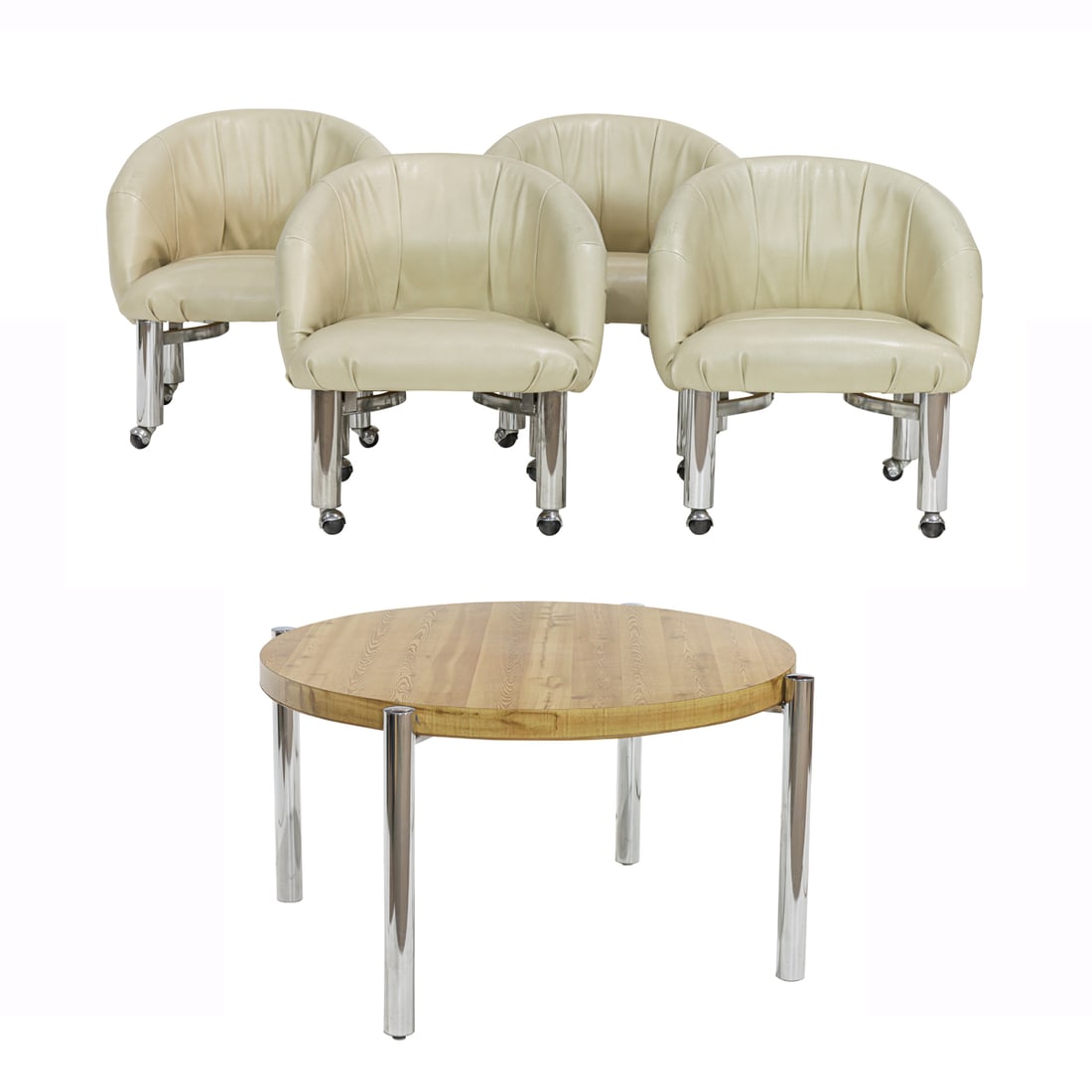 A Modern dining set with chromed details: A Modern dining set with chromed details, circa 1970s, comprising (1) round table with faux wood laminate top on outset cylindrical rod supports and (4) ivory vinyl upholstered armchairs raised on