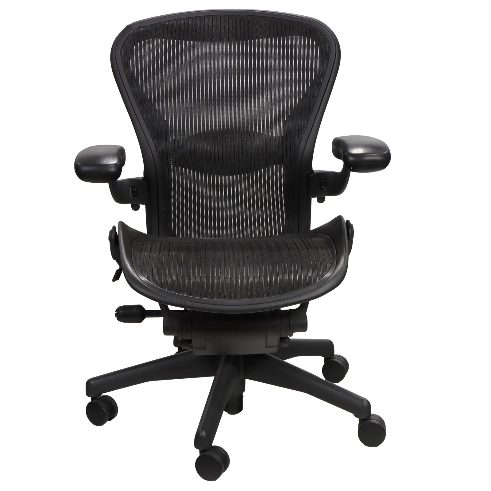 A Herman Miller Aeron office chair: A Herman Miller Aeron office chair, size B, each with black frame and mesh upholstery, adjustable between 37"h to 41"h;