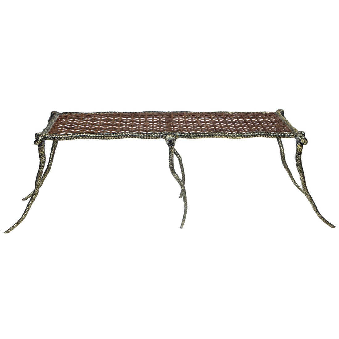 A Sylvan San Francisco brass Viper bench with leather strapping: A Sylvan San Francisco brass Viper bench with leather strapping, unmarked, 17"h x 42"w x 20"d