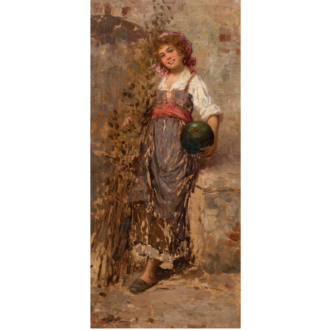 Painting, Vincenzo Irolli: Vincenzo Irolli (Italian, 1860-1949), Untitled (Girl with Melon), oil on canvas, signed lower left, canvas: 28"h x 14"w, overall (with frame): 33.5"h x 19"w