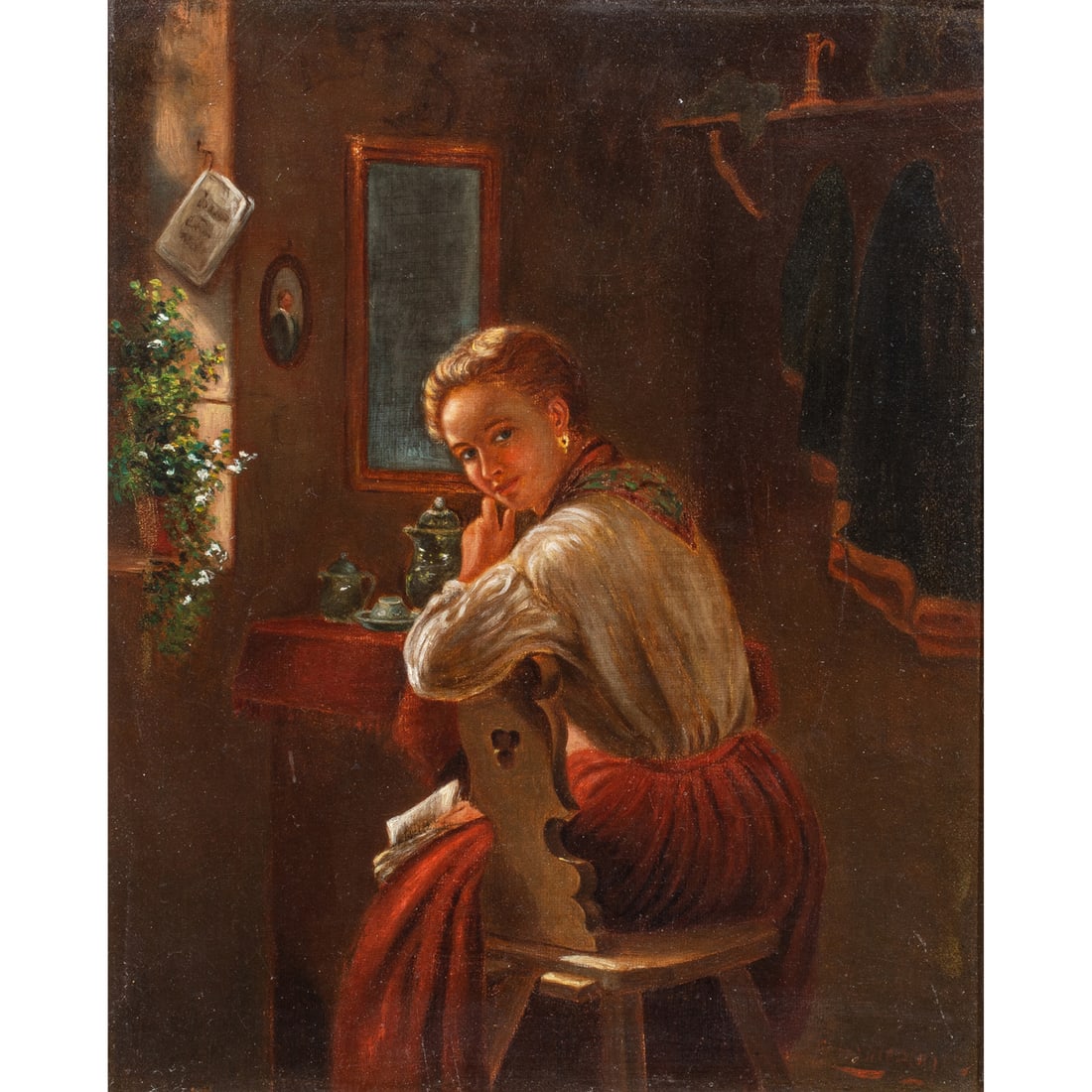 Painting, Felix Schlesinger: Felix Schlesinger (German, 1833-1910), Portrait of a Young Woman, oil on canvas, signed lower right, canvas: 11"h x 9"w, overall (with frame): 15"h x 13"w