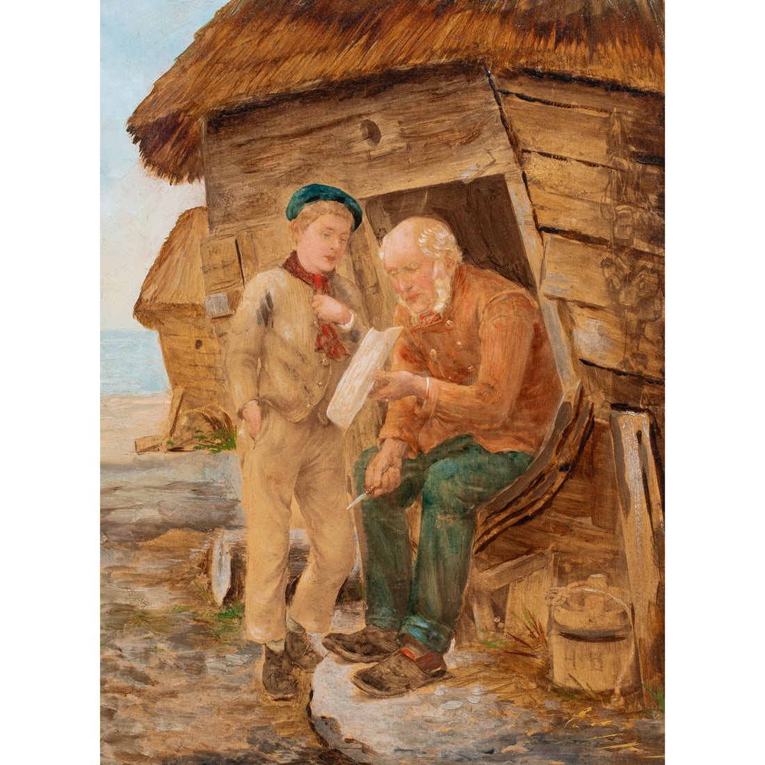 Painting, Henry John Boddington: Henry John Boddington (British, 1811-1865), Whittling Man with Boy, oil on board, initialed lower right, board: 10.75"h x 8.5"w, overall (with frame): 12.25"h x 10.25"w