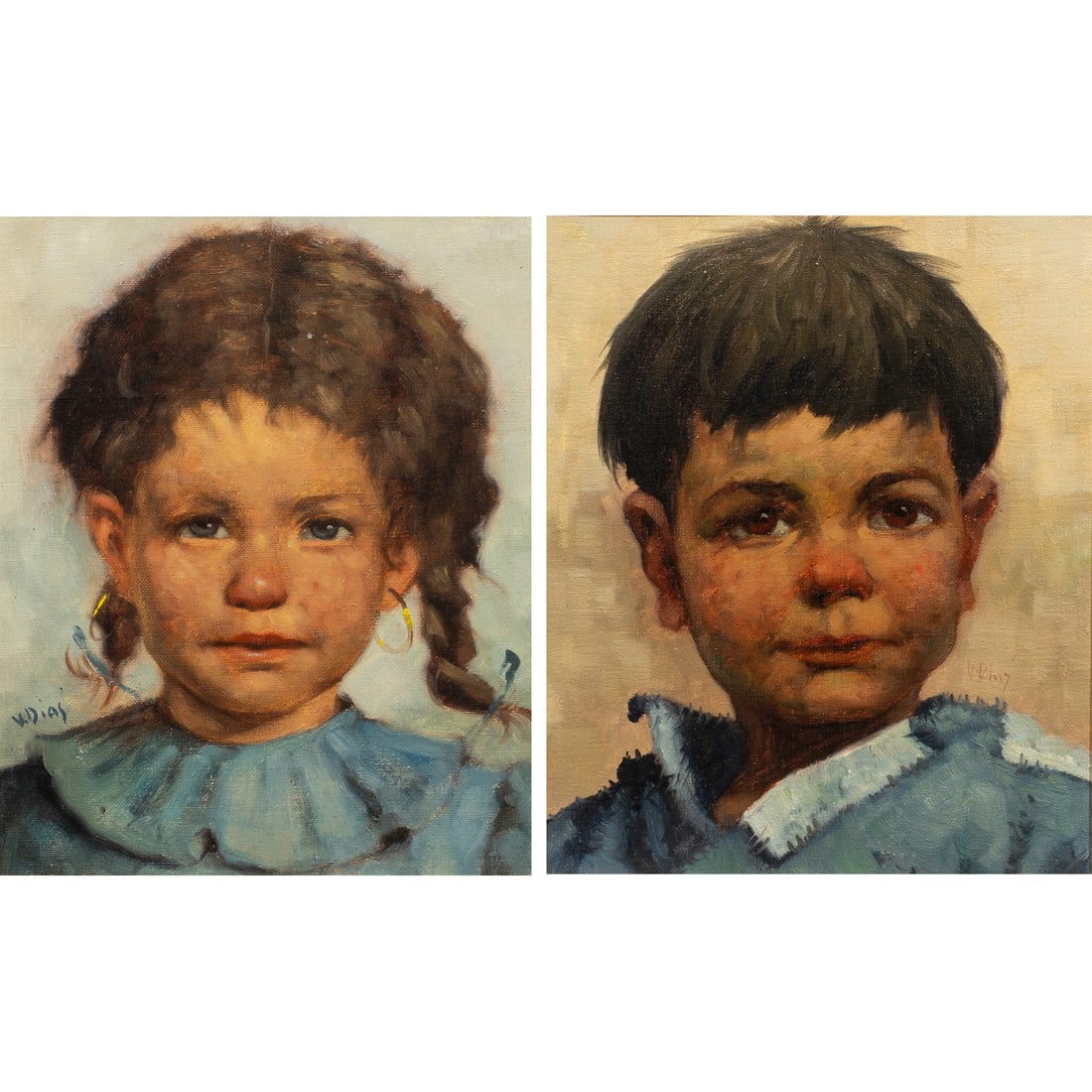 Paintings, V. Dias: (lot of 2) V. Dias (Portuguese, 20th century), "Ineke" and "Broertie van Okke," each oil on canvas, each signed lower right/left and titled verso, each canvas: 12"h x 10"w, each overall (with frame):
