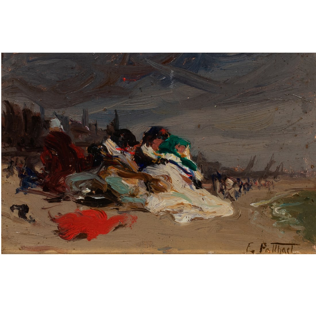 Painting, Edward Potthast: Edward Potthast (American, 1857-1927), Untitled (Figures on a Beach), oil on panel, signed lower right, panel: 4"h x 5.75"w, overall (with frame): 8.25"h x 10.5"w